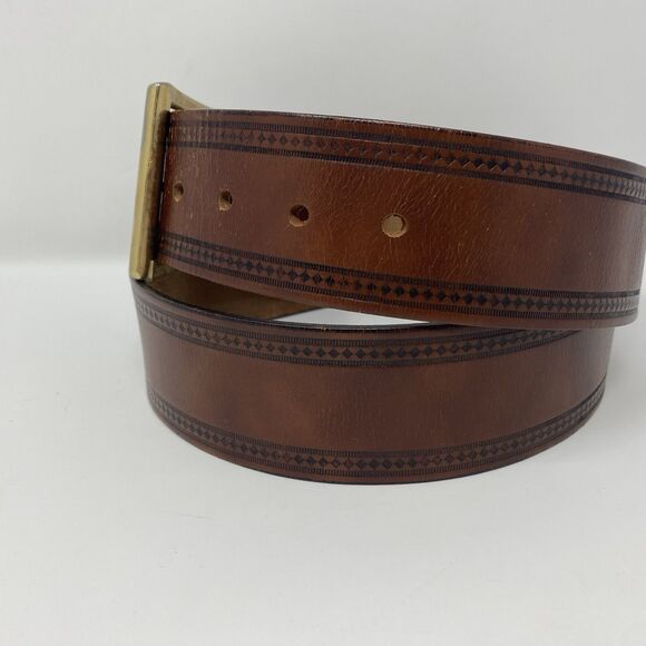 VTG Mens 34 Brown Tooled Leather Western Cowboy Belt Adjustable Gold Buckle Work - Picture 2 of 15